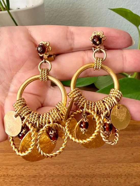 Vintage Boho Coin Disc Chandelier Dangle Hoop Clip On Earrings Brown Glass Beads - Picture 5 of 8